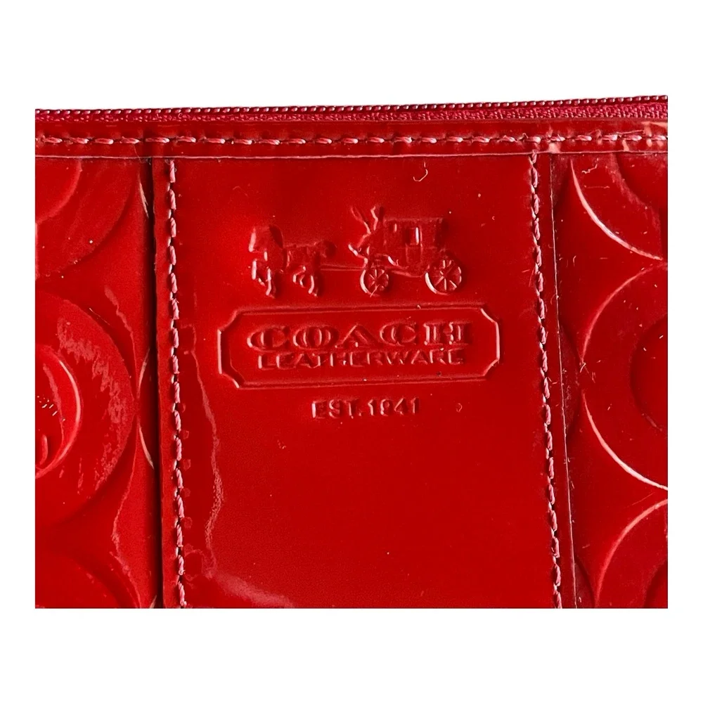 COACH Embossed C Red Patent Leather Gold Key Ring Small Skinny Card Case Top Zip